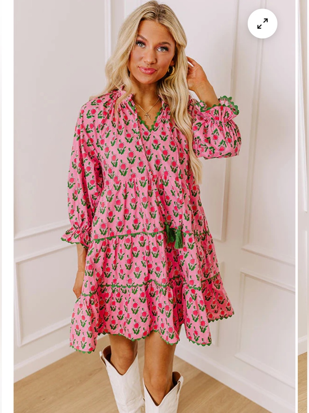 entro Pink Floral Tiered Mini Dress with Green Trim